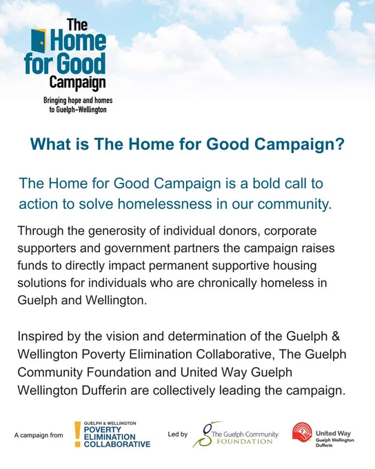 Logo and long text description of The Home for Good Campaign, addressing homelessness in Guelph-Wellington with community and government support.