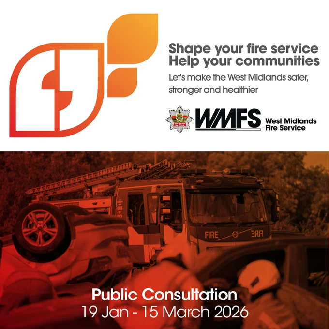 Promotional graphic for West Midlands Fire Service public consultation, featuring their logo alongside an image of firefighters near a fire engine and an overturned car, during a rescue training exercise. Dates of the consultation are 19 January to 15 March 2026.