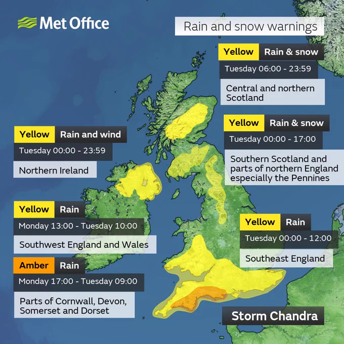 A map of the UK showing where warnings for rain and snow are in place on Monday and Tuesday 26th and 27th January 2026