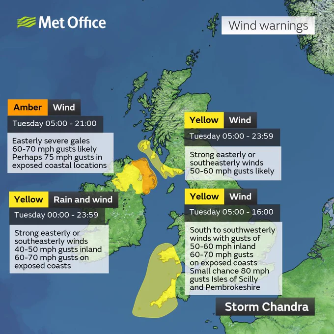 A map of the UK showing where warnings for strong winds are in place on Tuesday 27th January 2026