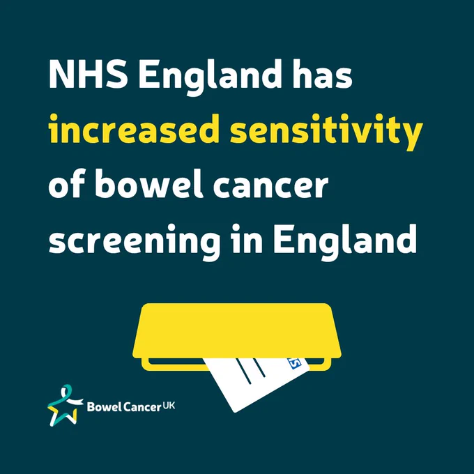 Graphic illustrating NHS England's increased sensitivity in bowel cancer screening, featuring the Bowel Cancer UK logo.