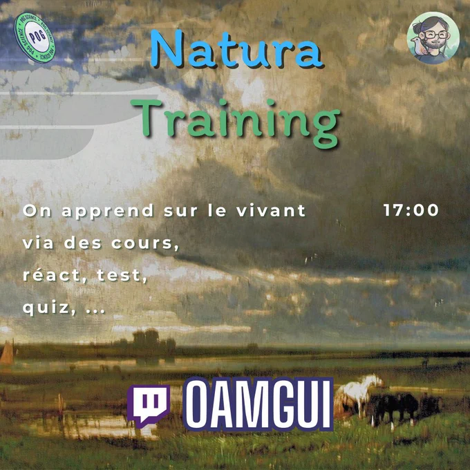 Ciel orageux surplombant une prairie verdoyante avec chevaux, texte superposé bleu et vert, logo Twitch, ambiance sombre et éducative, style pictural classique.
