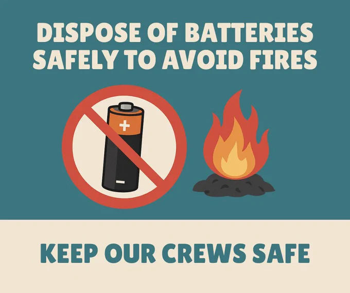Dispose of batteries safely to avoid fires - keep our crews safe.