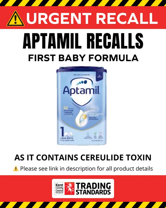 “Recall alert for Aptamil First Baby Formula due to the presence of cereulide toxin, with a photo of the product and the Trading Standards logo.”
