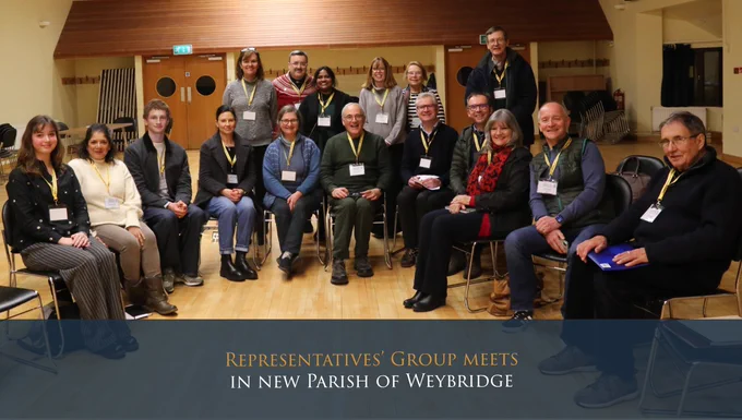 Representatives' Group meetings in new Parish of Weybridge.
Photo shows 17 people of both sexes and various ages gathered in a church hall. 