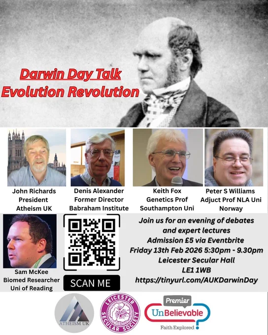 🧬Darwin Day: Evolution Revolution! Fri 13 Feb, 5.30–9.30pm at Secular Hall. Join us for an evening with thrilling debates, expert speakers, and big ideas on evolution, genomics, Intelligent Design, and atheistic & theistic perspectives. Recorded live for Unbelievable? podcast🎙️

https://www.eventbrite.co.uk/e/unbelievable-darwin-day-tickets-1981318072691