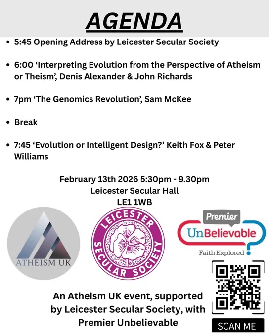 🧬Darwin Day: Evolution Revolution! Fri 13 Feb, 5.30–9.30pm at Secular Hall. Join us for an evening with thrilling debates, expert speakers, and big ideas on evolution, genomics, Intelligent Design, and atheistic & theistic perspectives. Recorded live for Unbelievable? podcast🎙️

https://www.eventbrite.co.uk/e/unbelievable-darwin-day-tickets-1981318072691