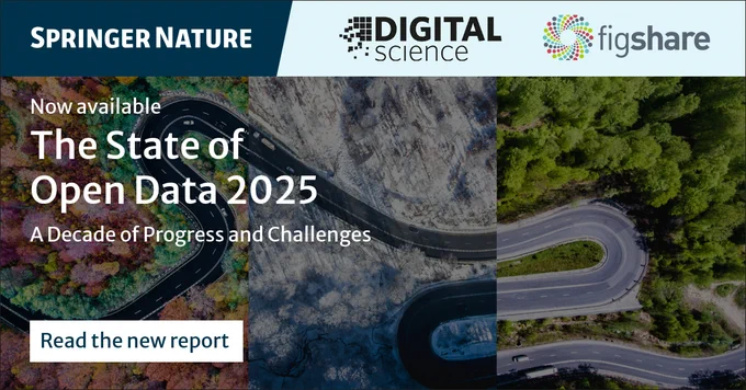 Flyover view with \"Springer Nature\", \"Digital Science\", and \"Figshare\" logos. Text reads \"Now available The State of Open Data 2025 A Decade of Progress and Challenges Read the new report\".