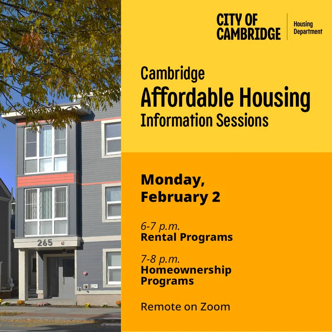 Colorful apartment building with promotional text against orange and yellow color blocks.