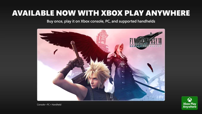 Promotional image announcing Xbox Play Anywhere availability for Final Fantasy VII Remake Intergrade with two characters posed against a pink and blue cityscape background, alongside text noting play on console, PC, and supported handhelds.
