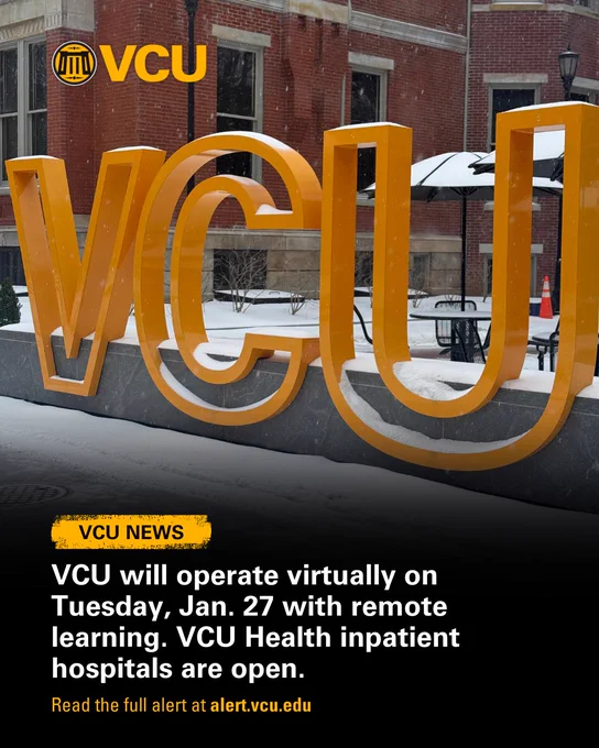 Snowy gold V-C-U letters on campus. Headline reads "V-C-U will operate virtually on Tuesday, Jan. 27 with remote learning. VCU Health inpatient hospitals are open."
