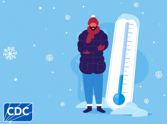 Illustration of a person bundled in winter clothing standing next to a large thermometer showing a cold temperature, with snowflakes falling around.