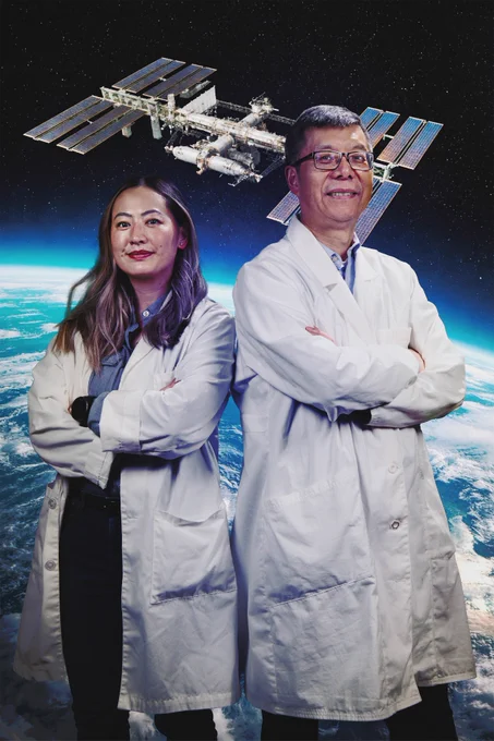 Tiffany Hennessa (left), Ph.D., U.S. Naval Research Laboratory (NRL) research biologist, and Zheng Wang, Ph.D., NRL research biologist, pose for a photo to recognize the completion of their Melanized Microbes for Multiple Uses in Space experiment in Washington, D.C., Jan. 9, 2026. The experiment allowed NRL scientists to send samples aboard the International Space Station to investigate how microgravity affects microbial metabolism and biomaterial production. (U.S. Navy photo/illustration by Sarah Peterson)