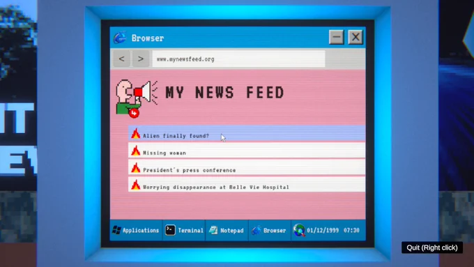 A screenshot of my video game "My Mom Is Out There". We can see the computer screen with the browser opened. We can see the news feed with different articles to choose.