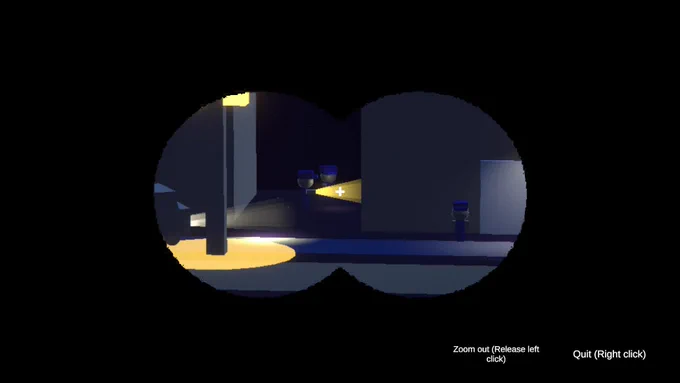 A screenshot of my video game "My Mom Is Out There". We can see the player is looking outside from the window through binoculars. The player is looking at policemen searching something by night with torchlights...