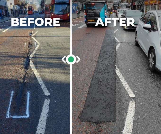 Before and after images of a road with repainted markings. The left shows faded lines with 'Before' text, and the right shows newly painted lines with 'After' text.