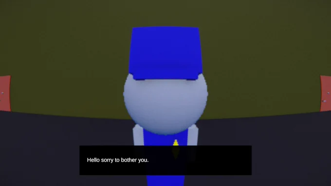 A screenshot of my video game "My Mom Is Out There". We can see the player is looking through the peephole of the door. On the other side there is a policeman talking to you "Hello sorry to bother you."