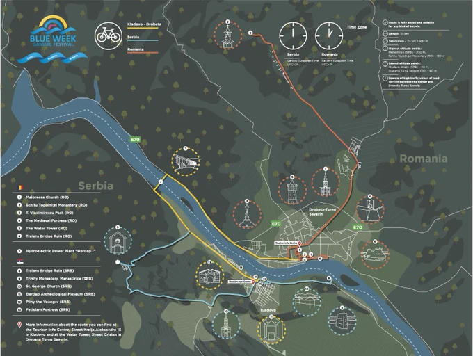 Blue Week Cyclist Route - Signage & Wayfinding System
We designed a signage and wayfinding system to guide cyclists along a two-day Danube route between Kladovo and Drobeta Turnu Severin. Using maps, flyers, and info boards, the system highlights cross-border culture, Roman heritage, and striking landscapes—offering a unique cycling experience between Serbia and Romania.

https://dework.rs/projects/blue-week-cyclist-route

#ArtDirection #Illustration #Infographic #Mapdesign #BlueWeekCyclistRoute #Signagedesign #Wayfindingdesign #Danube #Kladovo #DrobetaTurnuSeverin #Romanheritage #cycling #Serbia #Romania