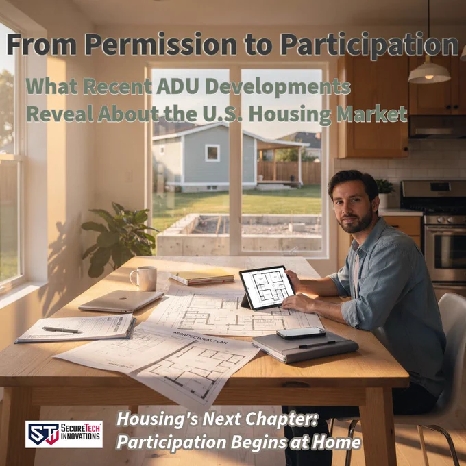 A homeowner reviews architectural plans at a kitchen table while a backyard with a visible foundation and a small secondary structure is seen through a window, alongside text reading “From Permission to Participation” and “Housing’s Next Chapter: Participation Begins at Home”.