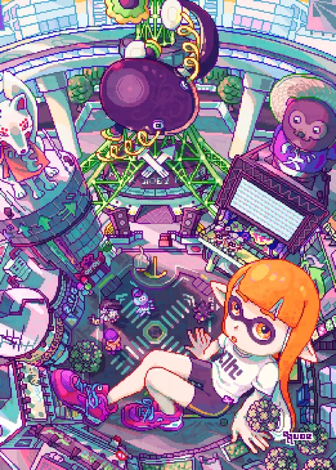 A top-down view of Inkopolis Plaza from the game Splatoon. Orange, an inkling and mascot of Splatoon 1, is oversized sitting in the plaza looking upward at the viewer. The shopkeepers are nearby, appearing miniature in comparison to Orange.