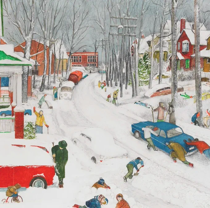 William Kurelek. "Balsam Avenue after Heavy Snowfall", 1972, mixed media, 59.7 x 60.3 cm.