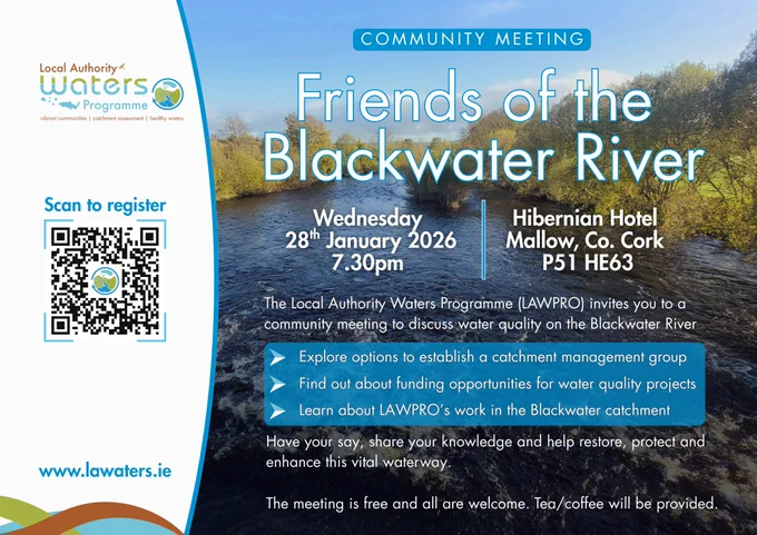 Community meeting poster titled 'Friends of the Blackwater River' organised by the Local Authority Waters Programme. Details a meeting on Wednesday, January 28, 2026, at 7:30 PM at Hibernian Hotel in Mallow, Co. Cork, with a QR code to register. Discusses goals to explore, learn about, and enhance the Blackwater River, with an inviting river scenery background. Tea/coffee will be provided.