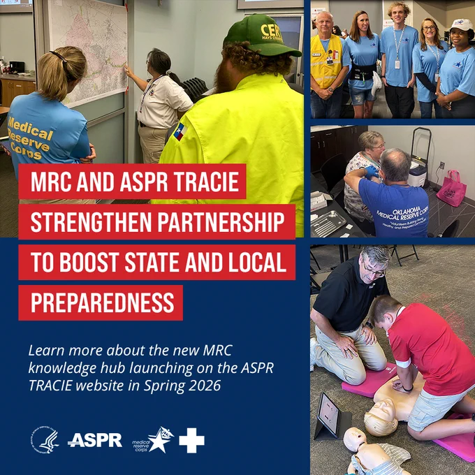 This image features four different scenes highlighting a partnership between MRC and ASPR TRACIE to enhance state preparedness. The image includes text announcing the new MRC knowledge hub launching on the ASPR TRACIE website in Spring 2026.