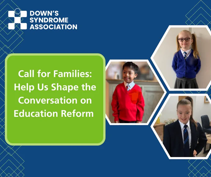 Images of children who have Down's syndrome, in their school uniforms. There's a boy and a girl in primary school and a girl in secondary school pictured. 