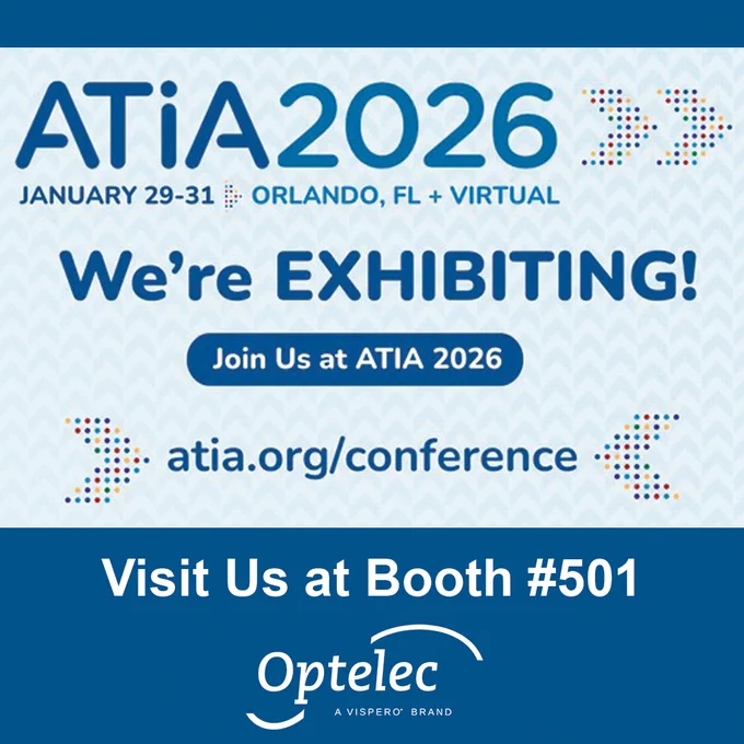 ATIA 2026 Conference, January 29 through January 31, in Orlando, FL, plus Virtual. Join Us at ATIA 2026. This is followed by the website http://atia.org/conference. Visit Us at Booth #501 Optelec a Vispero Brand. There are blue and rainbow chevron patterns in the background.