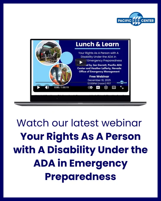 Laptop screen showing a webinar titled 'Your Rights As A Person with A Disability Under the ADA in Emergency Preparedness' hosted by Pacific ADA Center and Nevada Office of Emergency Management.