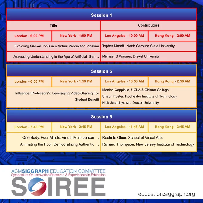 Image featuring several color-coded tables with the SOIREE schedule information, full details of the schedule are available in the post link.