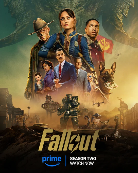 A poster for Fallout Season Two, available to watch on Prime Video now. There is a collage of characters in the center, including Lucy, the Ghoul, Maximus, CX-404, Norm, Barb, Robert House, Hank and Steph. Around them is iconography from Season Two including the New Vegas strip, Power Armor, radscorpions, and a Death Claw.