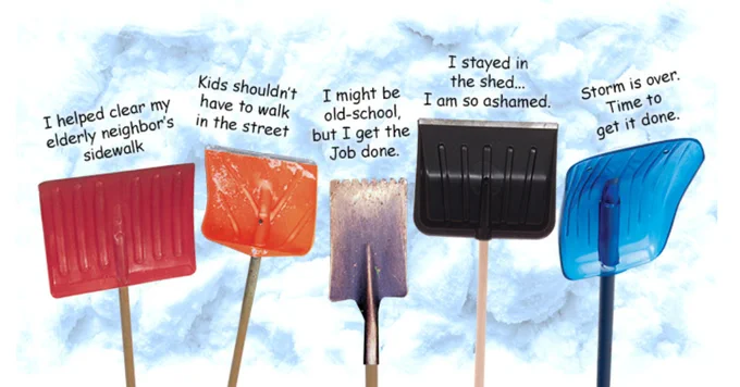 Five different snow shovels stuck in snow with captions about helping neighbors and getting the job done after a storm.