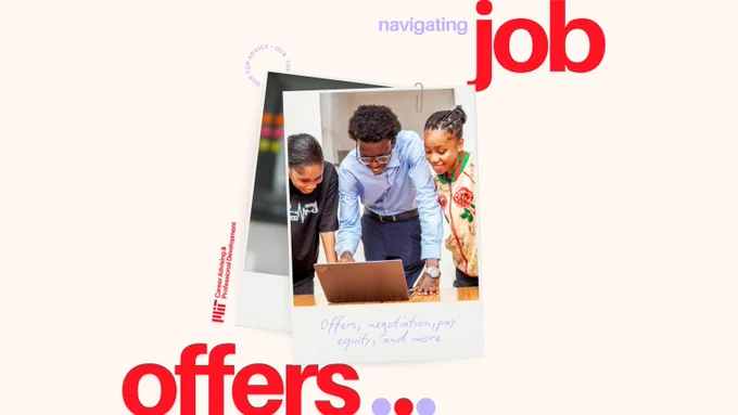 The graphic features a polaroid of happy people looking at a laptop together, with the text, “Navigating job offers. Offers, negotiation, pay equity, and more.”