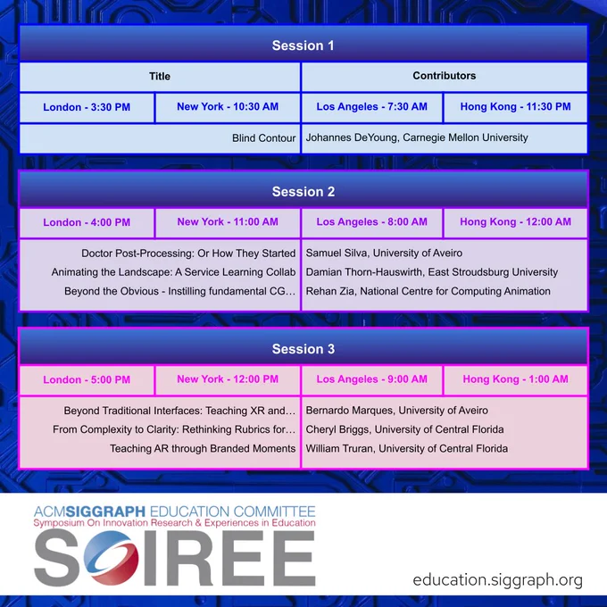 Image featuring several color-coded tables with the SOIREE schedule information, full details of the schedule are available in the post link.