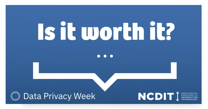 A blue gradient background with the words, "Is it worth it?" followed by an ellipses and a bar to signify a chat bubble. The logos for Data Privacy Week and NCDIT are on the bottom of the graphic. 