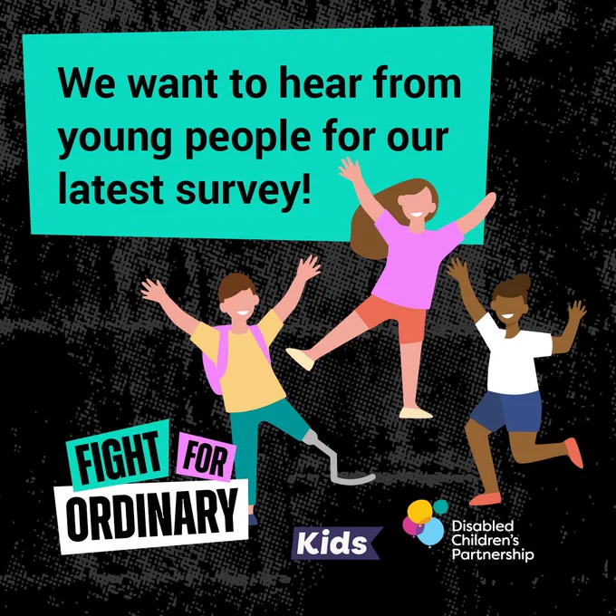 DCP survey graphic. Cartoon of disabled young people playing. Text reads "We want to hear from young people for our latest survey!"
