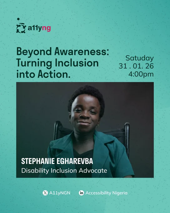 An event flyer for a11yNG titled "Beyond Awareness: Turning Inclusion into Action." It features a photo of Stephanie Egharevba, a Disability Inclusion Advocate. 