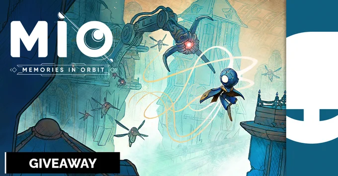 Promotional image for "Memories in Orbit" featuring a futuristic cityscape with drones and a large robotic arm, with the text "MIO" and "GIVEAWAY" displayed.