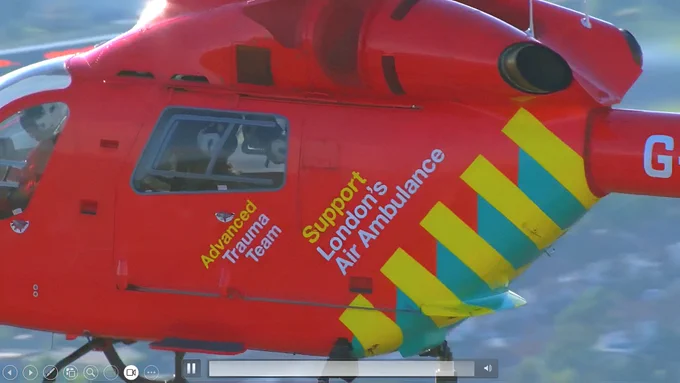 Still image from clip of London's Air Ambulance helicopter in flight over London