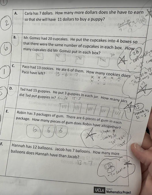 A photo of an elementary math worksheet with multiple word problems labeled A through F. The page is covered in a teacher’s handwritten notes, including tally marks, drawings of boxes and jars, subtraction and division equations, crossed-out attempts, and stars marking reflections. The annotations show the teacher actively working through different CGI word problem types—such as joining, separating, and equal groups—using multiple strategies and representations rather than focusing only on final answers.