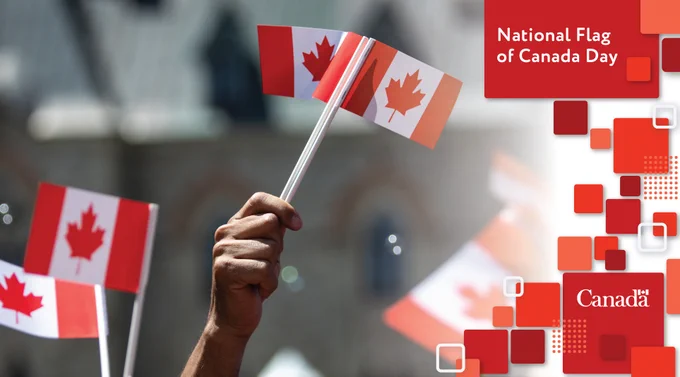 A hand in the crowd raises 2 paper Canadian flags with pride.
Text:
National Flag of Canada Day
“Canada” wordmark