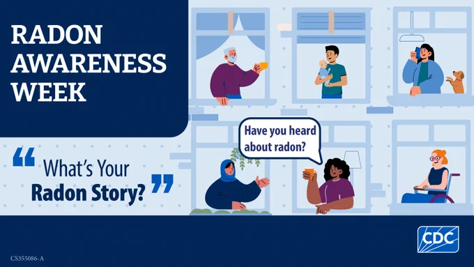 Graphic for Radon Awareness Week, featuring illustrations of various individuals discussing radon in indoor environments, with text panels asking, "What's Your Radon Story?" and "Have you heard about radon?"