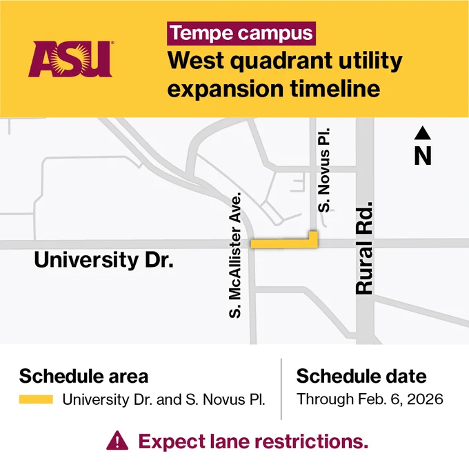 A graphical representation of a map on Arizona State University's Tempe campus depicting the scheduled area and dates for roadwork construction.