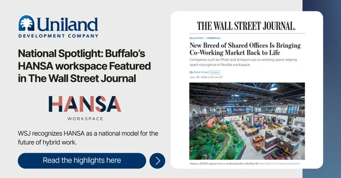 Buffalo Innovation on the National Stage: The @WSJ highlights what Uniland’s @HANSAworkspace is building in Buffalo for local businesses. Read the highlights at https://uniland.com/hansa-workspace-wsj-coworking/ 