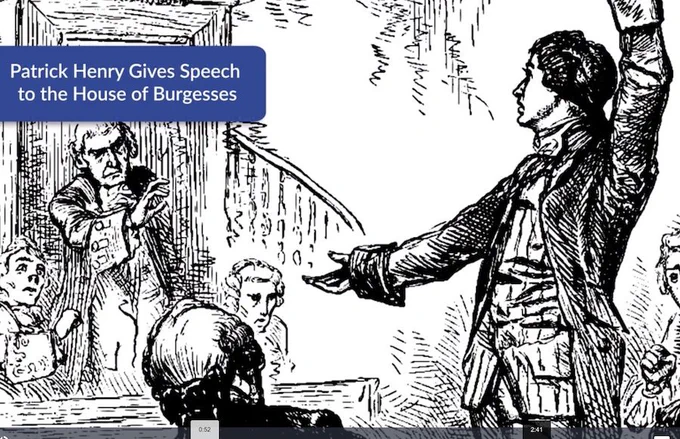 An illustration depicting Patrick Henry giving a speech to the House of Burgesses.
