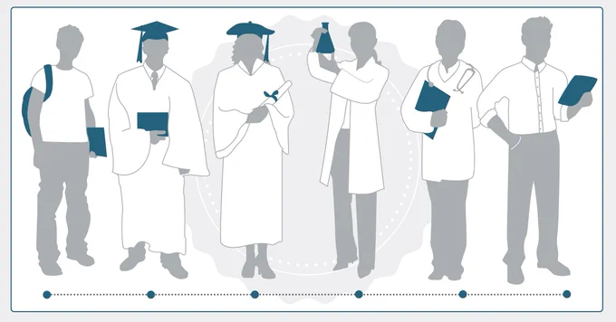 An illustration of several graduates and medical professionals standing near one another. 