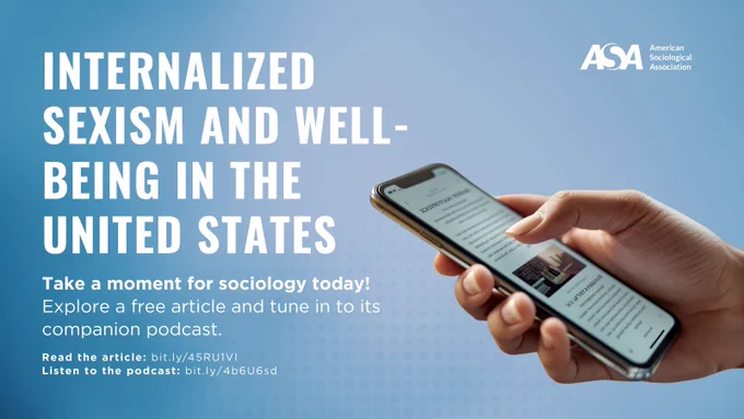 image of hand holding mobile phone with article on the screen next to white text on blue background