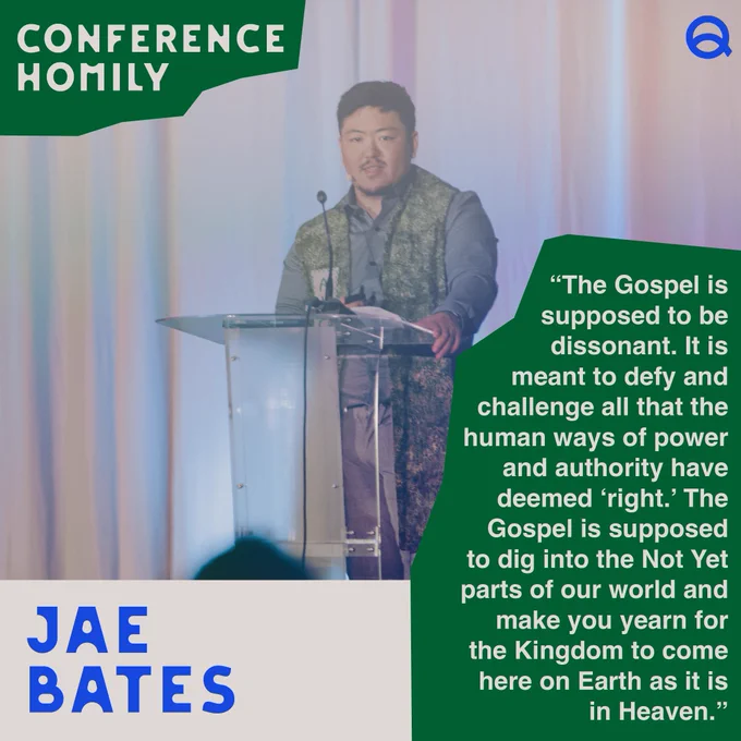 A photo of Jae Bates (He/Him) speaking on stage with the above quote in white text next to them.
