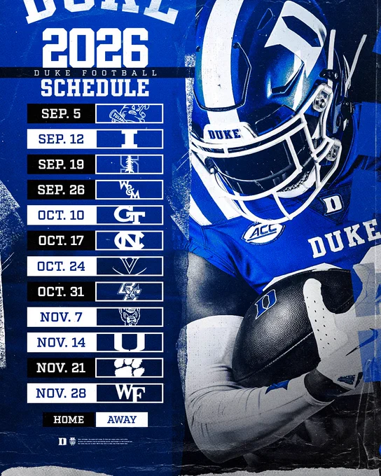 Duke football's 2026 schedule.

September 5 against Tulane
September 19 at Illinois
September 19 against Stanford
September 26 against William & Mary
October 10 at Georgia Tech
October 17 against North Carolina
October 24 at Virginia
October 31 against Boston College
November 7 at N C State
November 14 at Miami
November 21 against Clemson
November 28 at Wake Forest